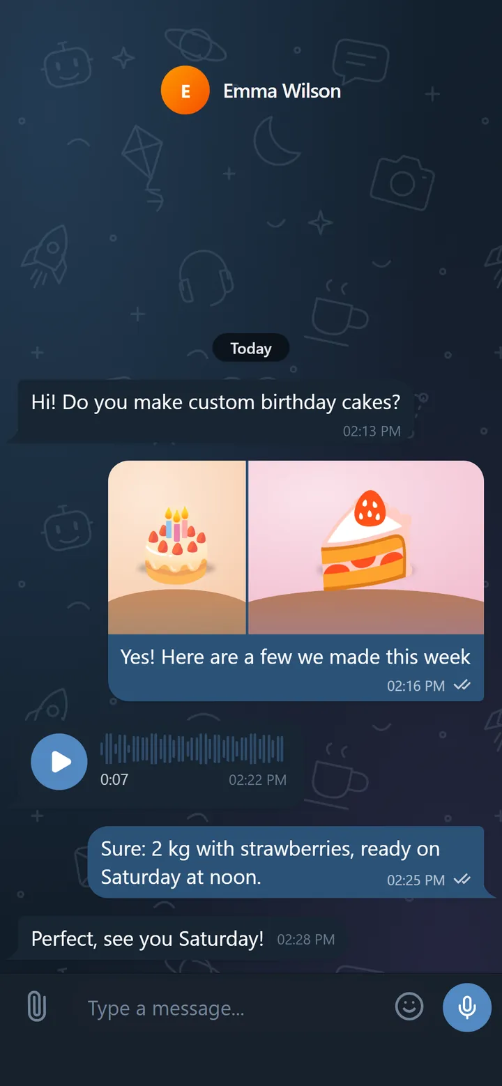 A BotsGram chat in the dark theme with a photo album, a voice message and replies sent as the bot