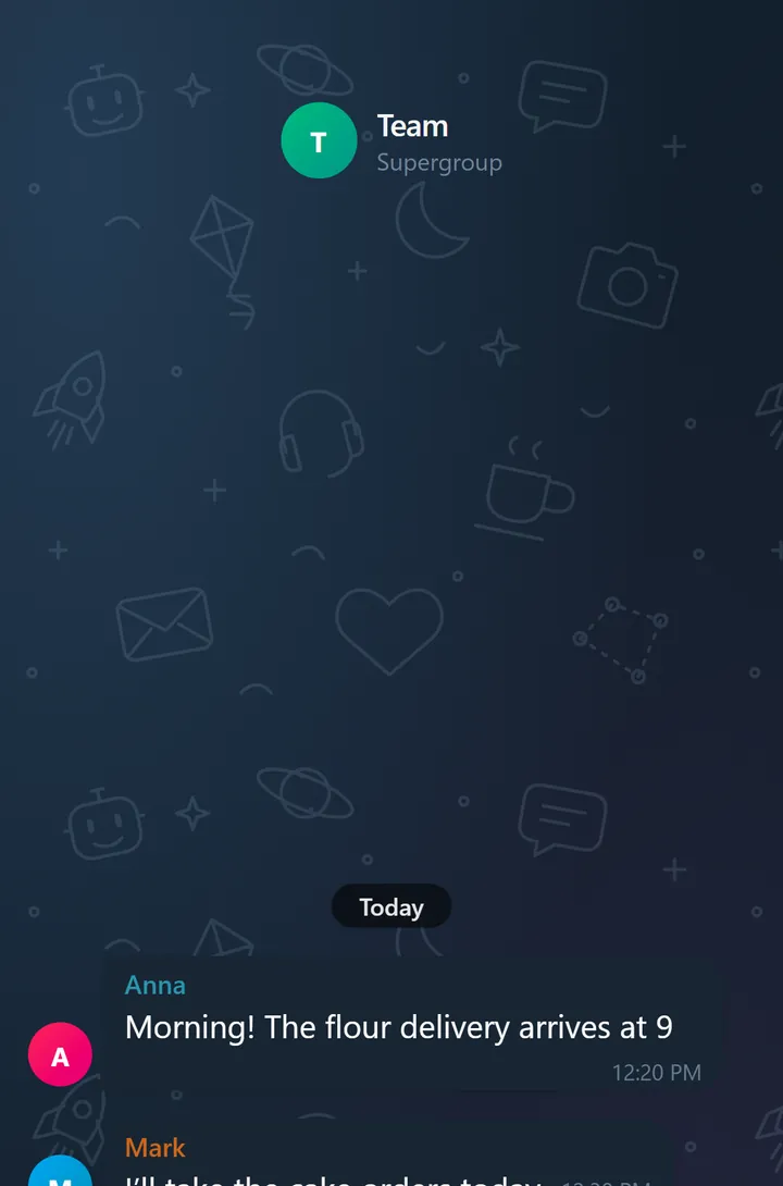 The same group chat in the dark theme