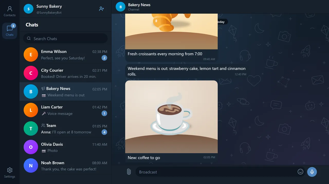 A BotsGram channel in Telegram Desktop in the dark theme