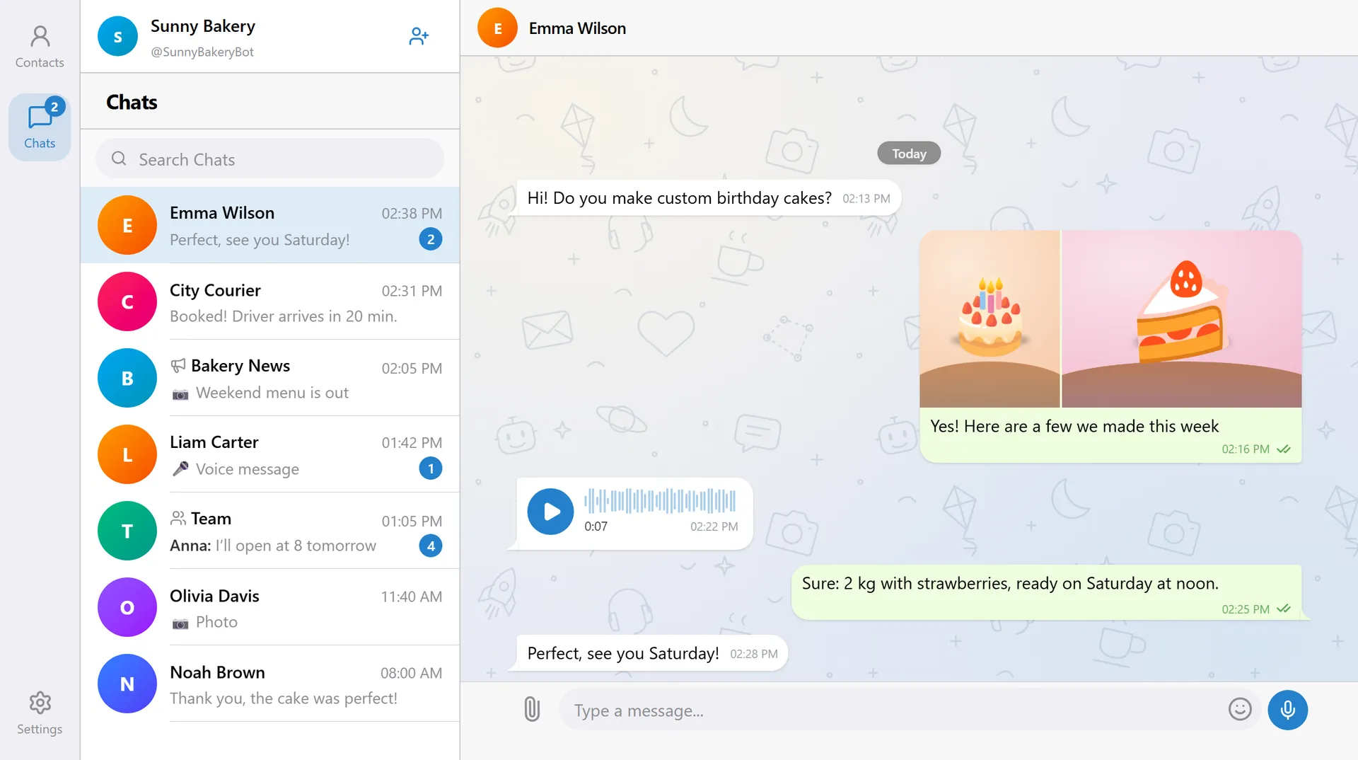 BotsGram in Telegram Desktop: the chat list beside an open chat with a photo album and a voice message