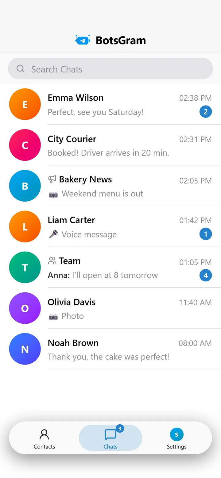The BotsGram chat list with people, a bot, a channel and a group, and unread counts