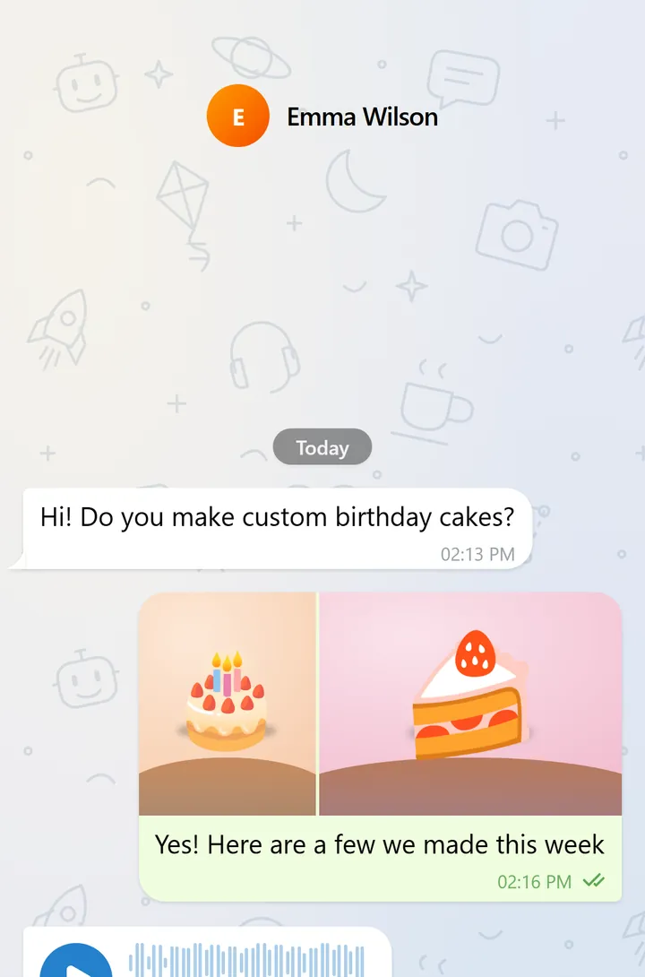 A BotsGram chat with a photo album and a voice message with its waveform
