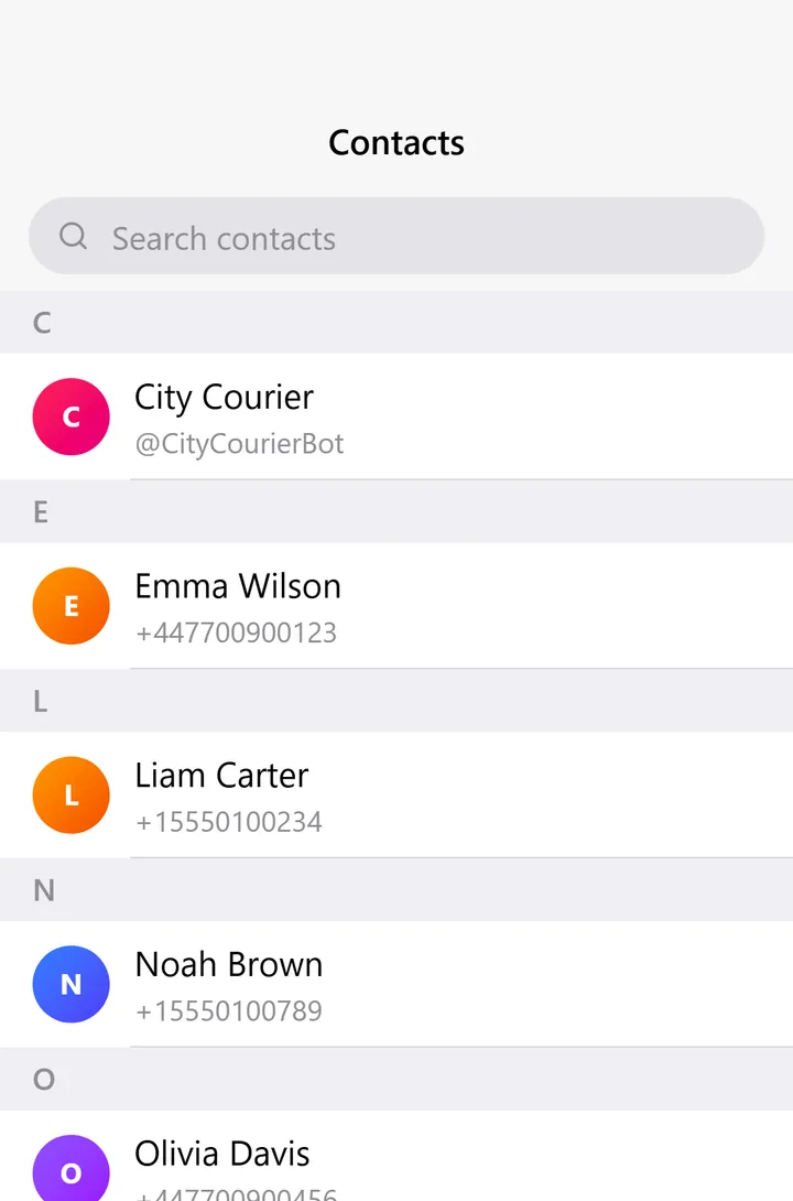 BotsGram Contacts with saved people and bots in an A–Z list, with their phone numbers and usernames