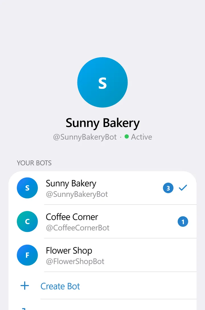 BotsGram Settings listing your bots with their unread counts, so you can switch between them