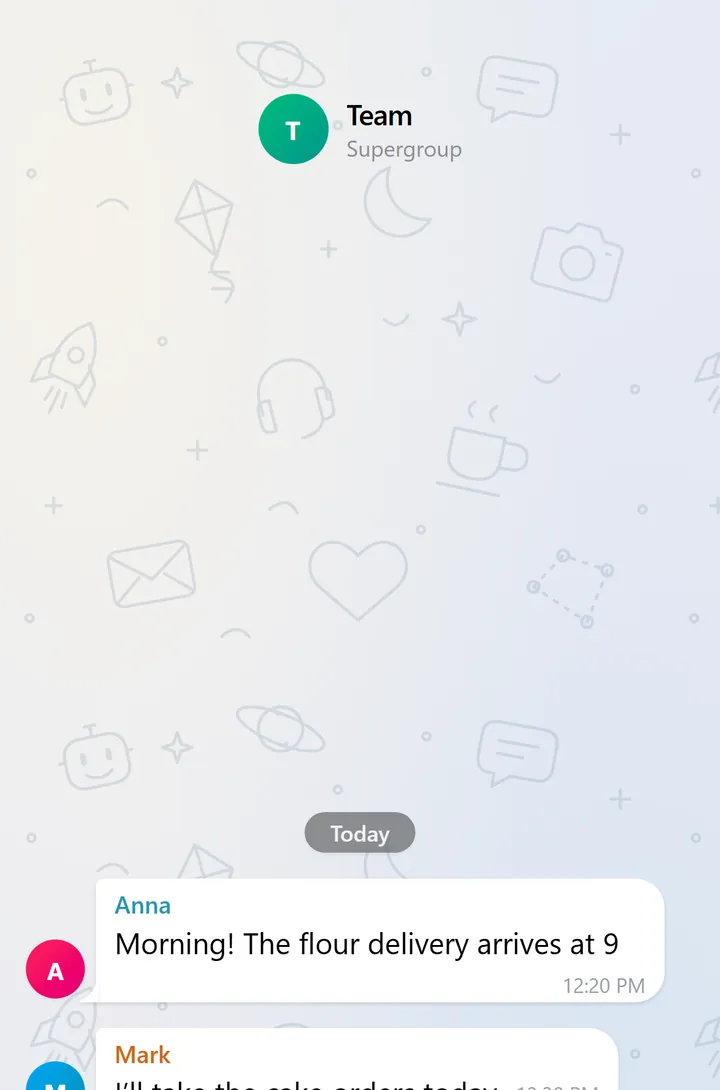 A BotsGram group chat with named senders in the light theme