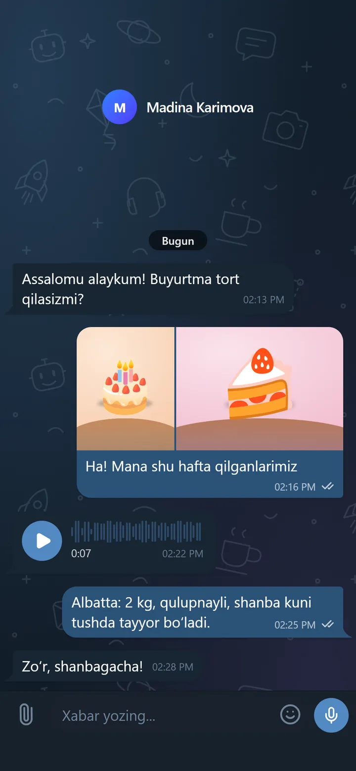 Qorong‘i mavzudagi BotsGram chati: rasm albomi, ovozli xabar va bot nomidan javoblar