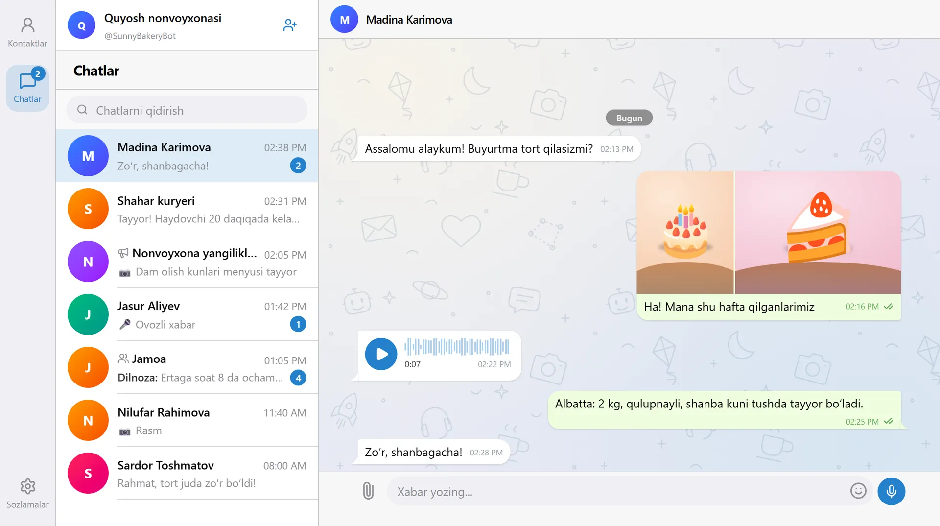 Telegram Desktop’dagi BotsGram: rasm albomi va ovozli xabar bor ochiq chat yonida chatlar ro‘yxati