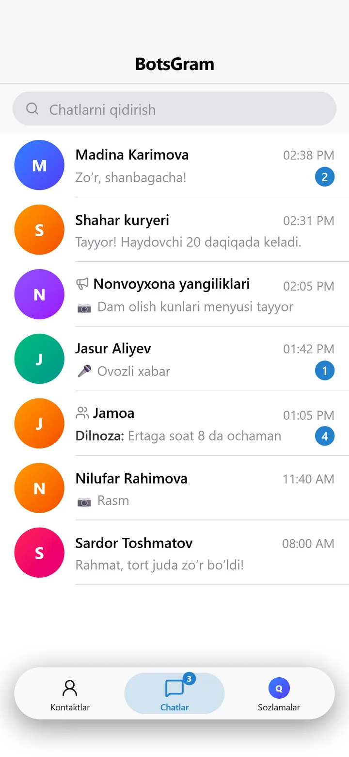 BotsGram chatlar ro‘yxati: odamlar, bot, kanal va guruh, o‘qilmaganlar soni bilan