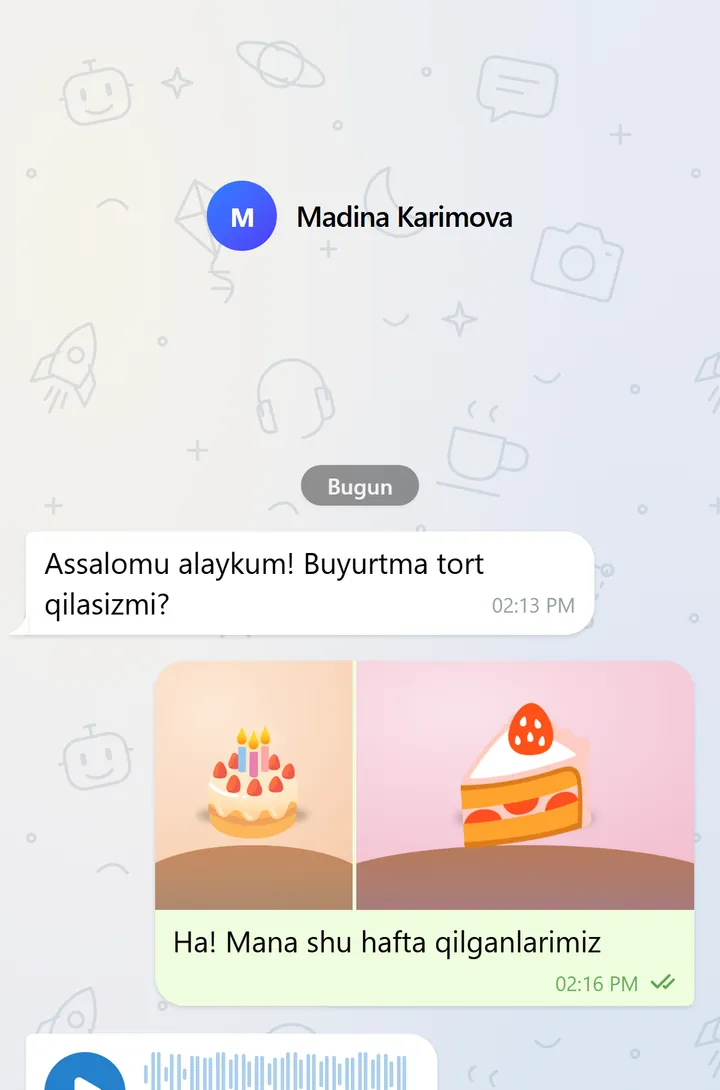 Rasm albomi va to‘lqin shaklidagi ovozli xabar bor BotsGram chati
