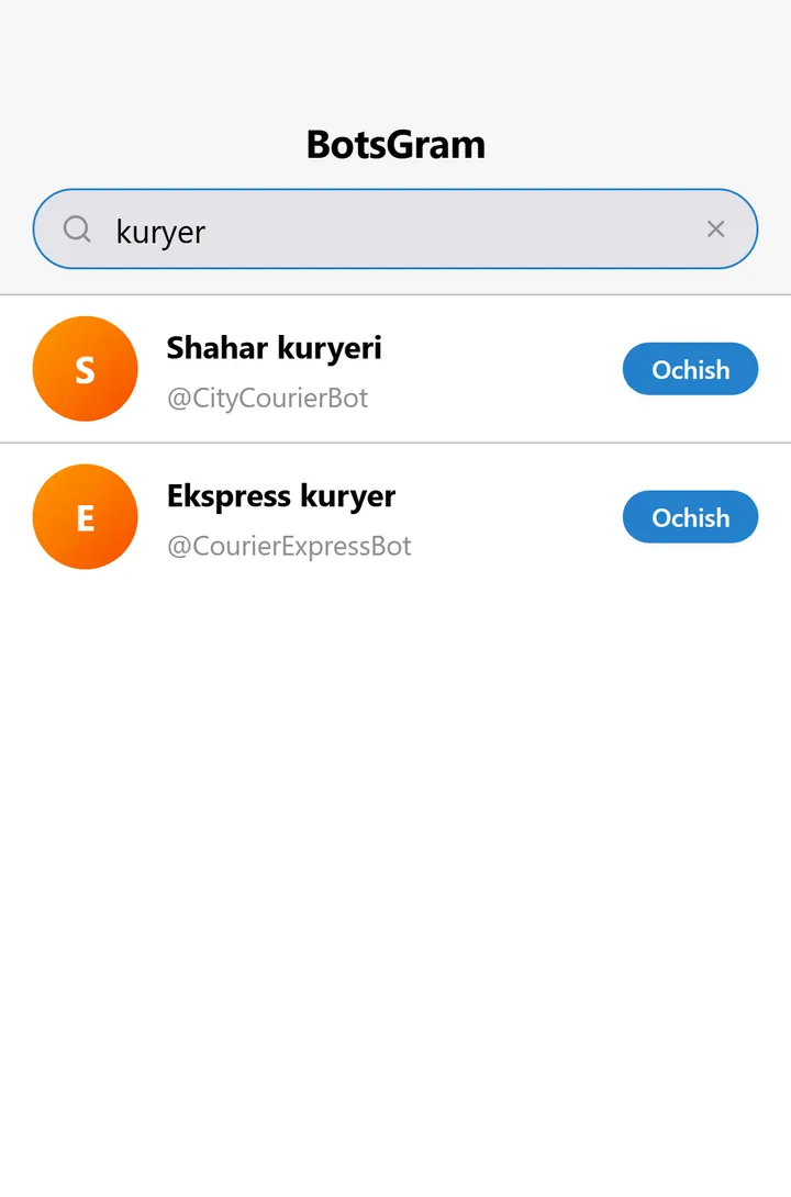 Bot-to-Bot chat uchun boshqa BotsGram botlarini topayotgan BotsGram qidiruvi
