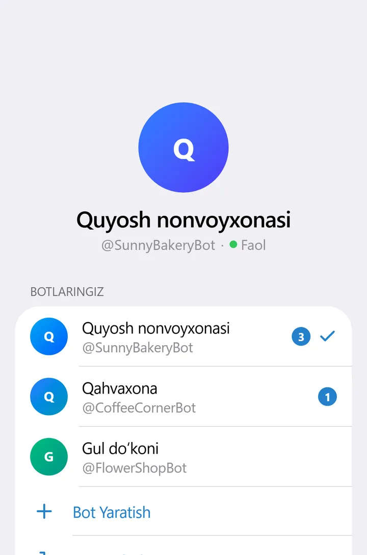 Botlaringiz va ularning o‘qilmaganlari ro‘yxati bilan BotsGram sozlamalari — almashish uchun