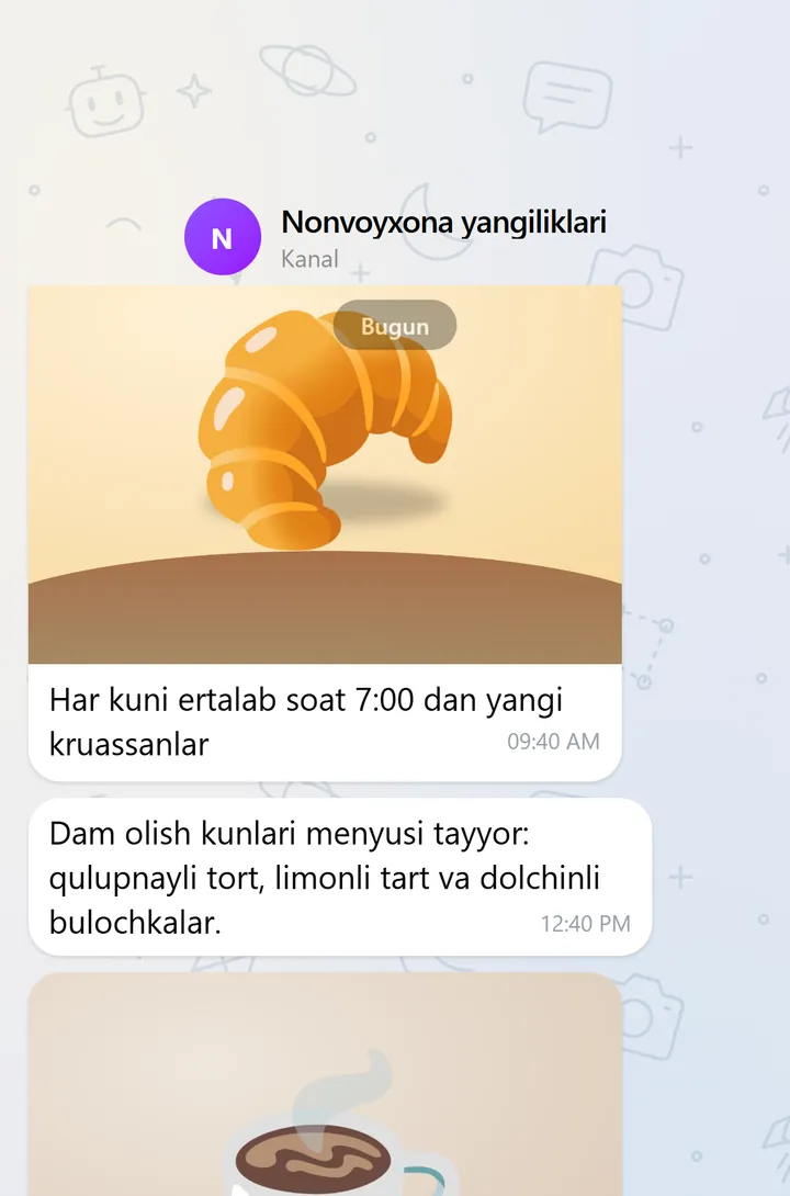 Rasmli postlar va «E’lon qilish» maydoni bor BotsGram’dagi kanal